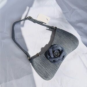 Denim Shoulder Bag with Floral Accent